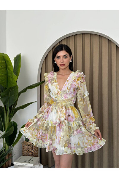Clothes Fast Women's Sari Mini Dress V-Neck Floral Patterned Ruffled Backless...