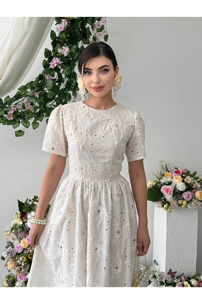 Clothes Fast Women's Ecru Midi Dress with Crew Neck, Embroidery, Scallop Deta...