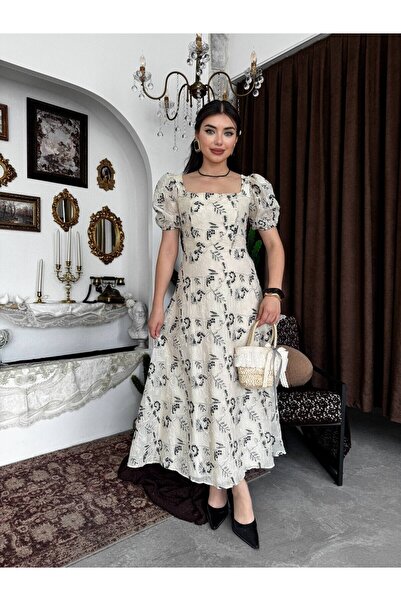 Moda Days Women's Black Midi Dress Square Neck Balloon Sleeves Textured Flora...