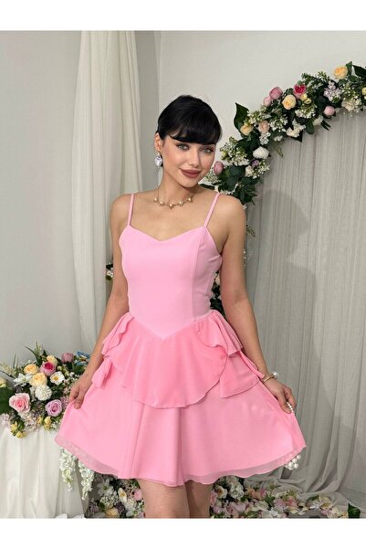 Clothes Fast Γυναικείο Μίνι Φόρεμα με Ροζ Τιράντες, Καρδιόσχημο Ντεκολτέ και ...