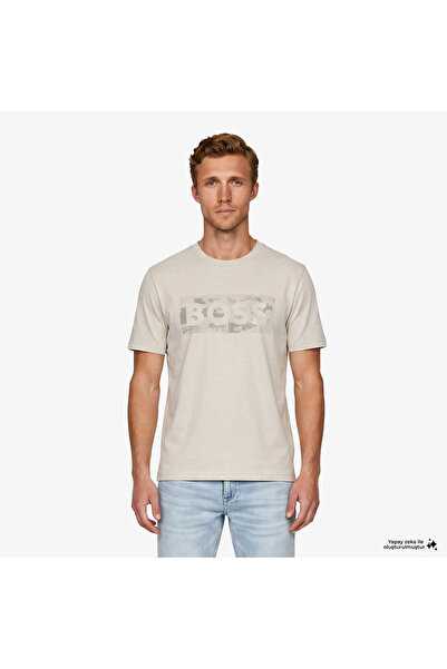 BOSS Globe Logo Pattern Erkek Bej T-Shirt