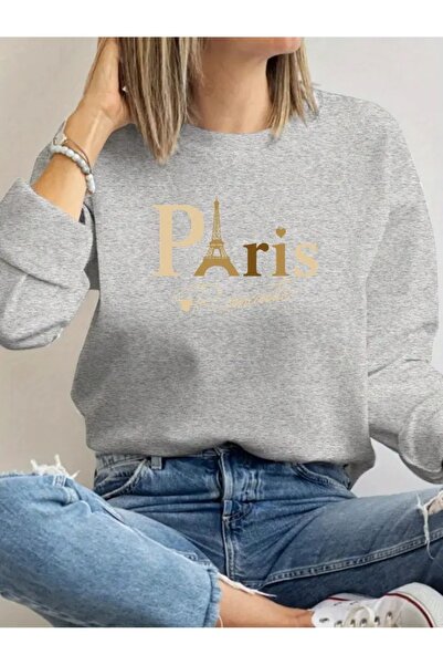 JENOLAN Women's Paris Romantic Printed Crew Neck Gray Black Sweatshirt Oversi...