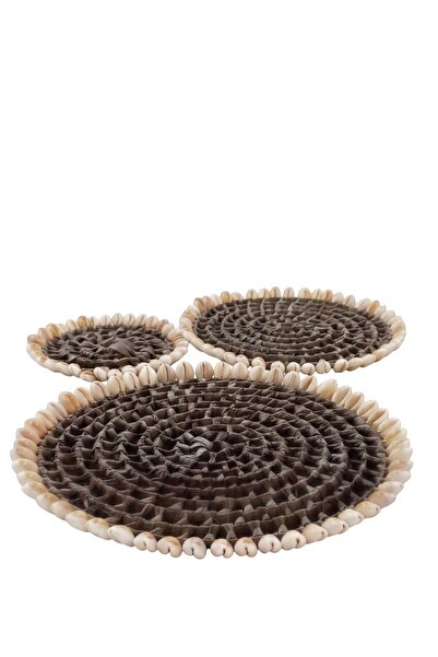 Bounty Wicker Braided Seashell Decorated Round Plate Coaster Set of 3