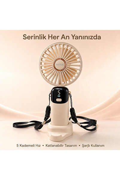 MKIO Katlanabilir Şarjlı El Fanı 5 Kademeli 1200 mAh LED Göstergeli Taşınabil...