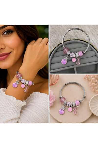 Bozhi Pink Flower and Crystal Stone Accessory Detailed Silver Color Women's S...