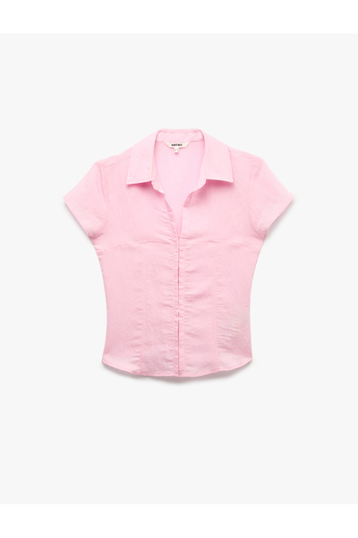 Koton Viskon Slim Fit Kaçık Yaka Kısa Kollu Korse Detaylı Gömlek