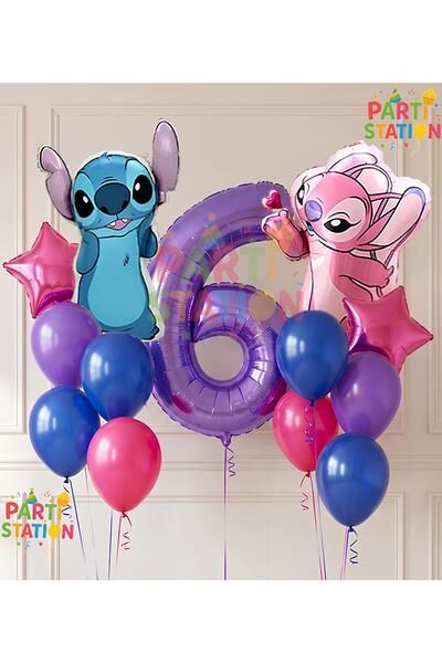 Parti Station Lilo Stitc Balloon and Angel Balloon 6 Years Old 13 Piece Purpl...