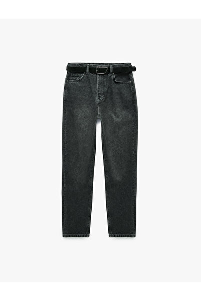 Koton Belted High Waist Slim Fit Straight Leg Cotton Denim Trousers - Mom Sli...