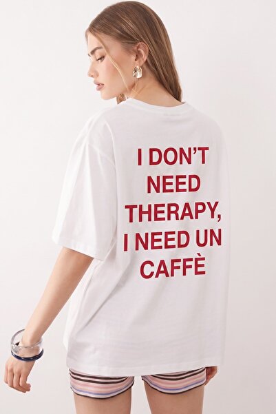 GIA - ART Women's Oversize T-Shirt Caffè Therapy Printed White – Crew Neck, C...