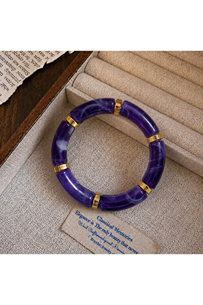 synshop Purple Bone Marble Patterned Gold Spacer Bohemian Vintage Thick Elast...