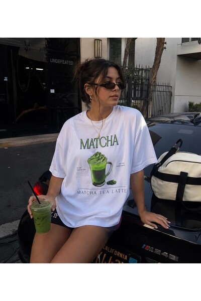 LELVANİ Women's Matcha Tea Latte Printed Crewneck T-Shirt
