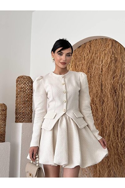 Moda Days Γυναικείο Σετ Λευκή Φούστα και Σακάκι με Χρυσά Κουμπιά, Μπαλούν Μαν...