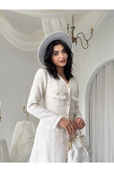 Clothes Fast Rochie midi texturată Chanel, cu mâneci lungi, decolteu în V, cu...