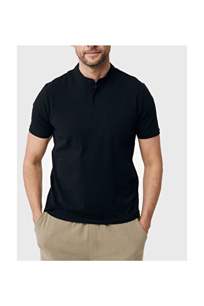 MEXX Polo Mονόχρωμο Μαύρο με Mao Γιακά με Κοντό Μανίκι