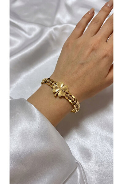 Bymiel Gold Color Four-Leaf Clover Figured Cuff Bracelet – Stylish and Elegan...