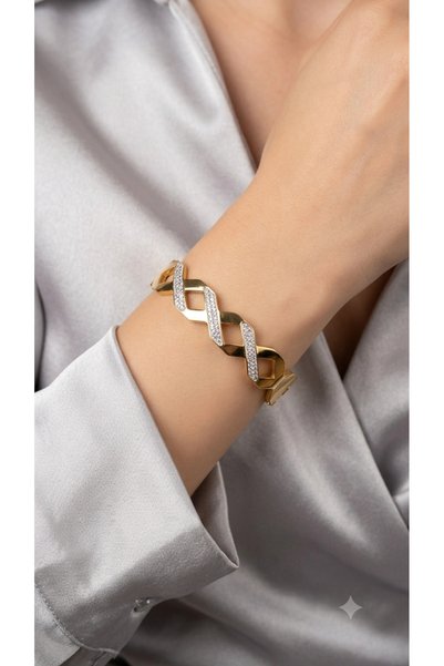 Bymiel Gold Geometric Chain Patterned Stone Steel Handcuff Bracelet – Women's...