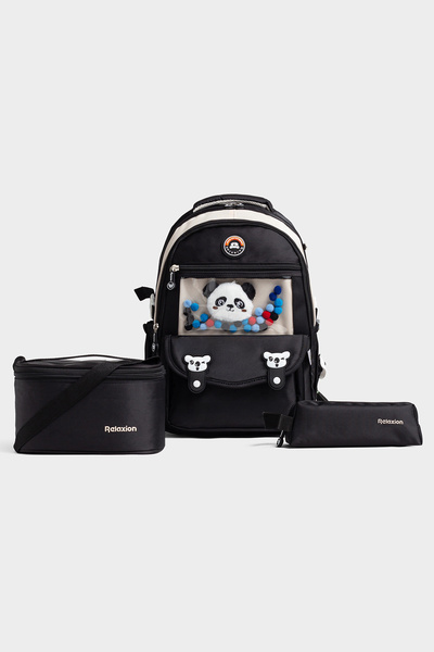 By Hakan 1940 Triple Set Primary School Bag with Pen Holder and Lunch Bag Black