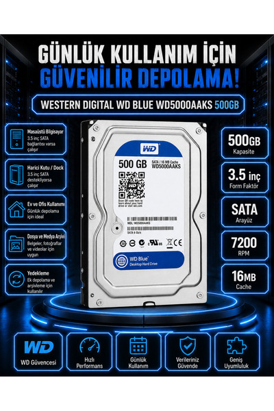DİSK BANK 500 GB BLUE 3.5 İnç WD5000AAKS Masaüstü Bilgisayar Diski