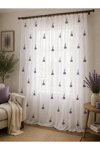 Liz Line Perdea brodata mecanic pentru bucatarie, culoare alb/mov, cu rejansa...