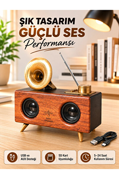 GHN Retro Gramofon Tasarımlı Bluetooth Hoparlör – 3D Stereo Ses, 1800 mAh Batarya
