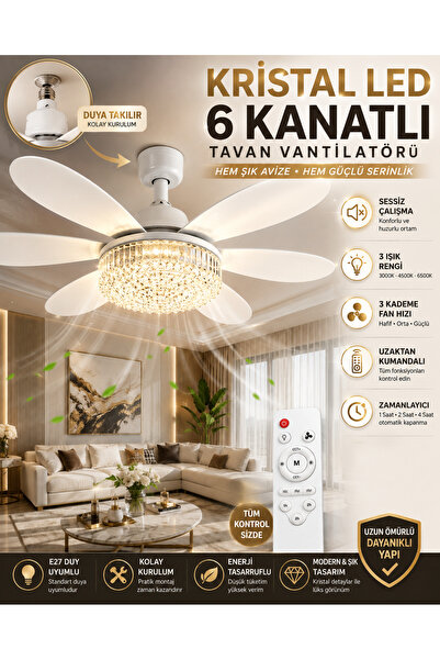 Kristal LED 6 Kanatlı Duya Montaj Tavan Vantilatörü Kumandalı 3 Işık Rengi 3 Fan Hızı E27 Duy Uyumlu