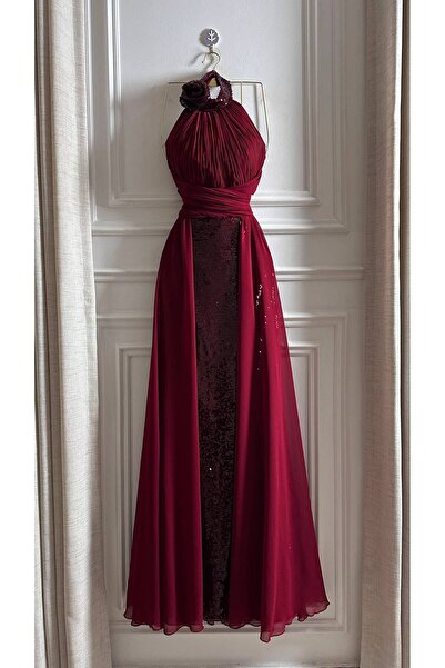 CACHE MONNEY Dark Red Halter Neck Long Evening Dress with Sequined Detail