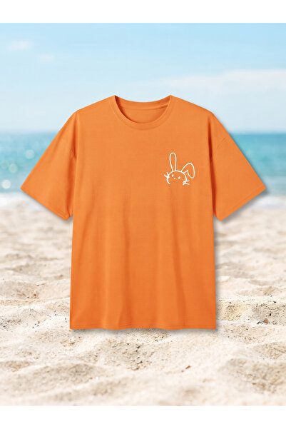 UNCİA OUTDOORS Women's Minimal Rabbit Print Crew Neck Oversized Combed Cotton...