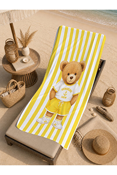 Evmila Cute Teddy Bear Turquoise Minimal Patterned 70X150 Beach Towel - Digit...