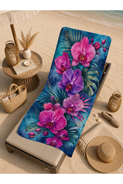 Evmila Prosop de plajă 70x150 cu model violet tropical, orhidee și albastru î...