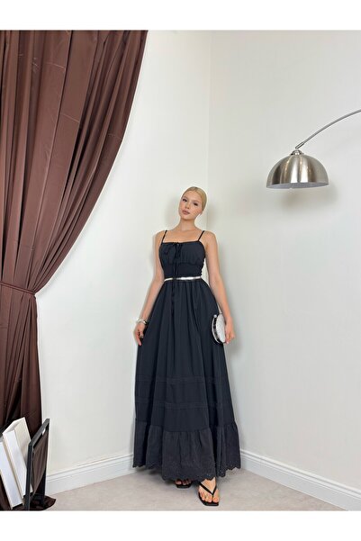 Clothes Fast Rochie maxi neagră de damă cu bretele, talie înaltă, detaliu fes...