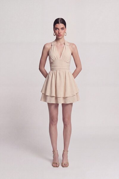 HOLLY LOLLY Halter Neck Flared Marilyn Dress Beige