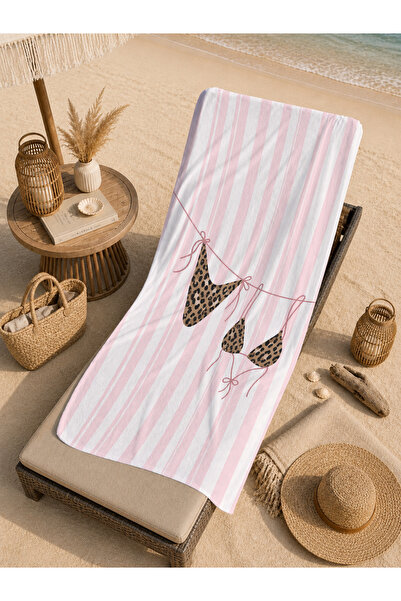 Evmila Retro Leopard Bikini Pink Striped Patterned 70X150 Beach Towel - Digit...