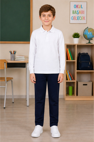 QKK Children's Unisex White Long Sleeve Polo Collar School T-Shirt 100% Cotto...