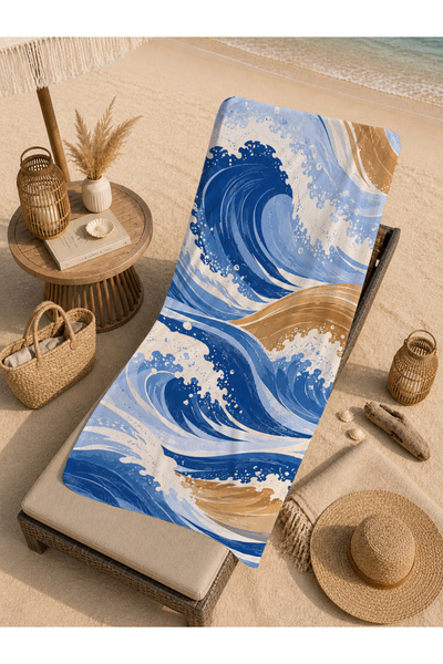 Evmila Japanese-Inspired Blue Beige Big Wave Patterned 70X150 Beach Towel - D...