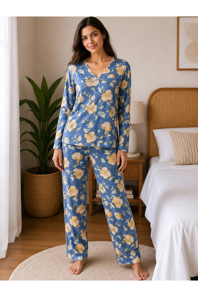 BALİS PİJAMA Women's Plus Size Floral Patterned Long Sleeve Pajama Set with E...