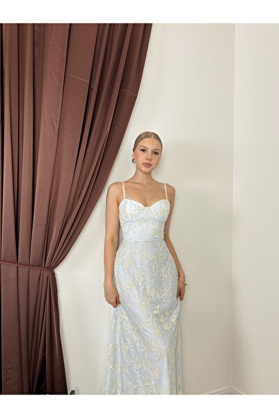 Moda Days Women's Blue Floral Embroidered Thin Strap Heart Neckline Lined Max...