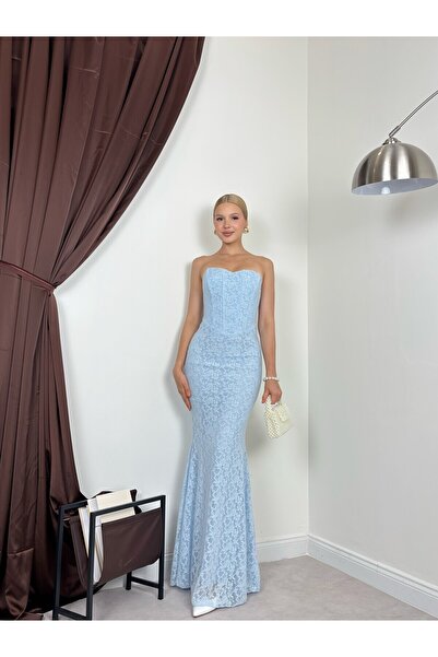 Clothes Fast Γυναικείο μπλε φόρεμα με στράπλες λαιμόκοψη καρδιά, με δαντέλα κ...