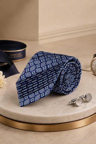Kravatkolik Navy Blue Motif Pattern Italian Silk Pleated Tie Est252