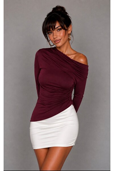 Be Best Women's Burgundy Boat Neck Gathered Blouse Be491