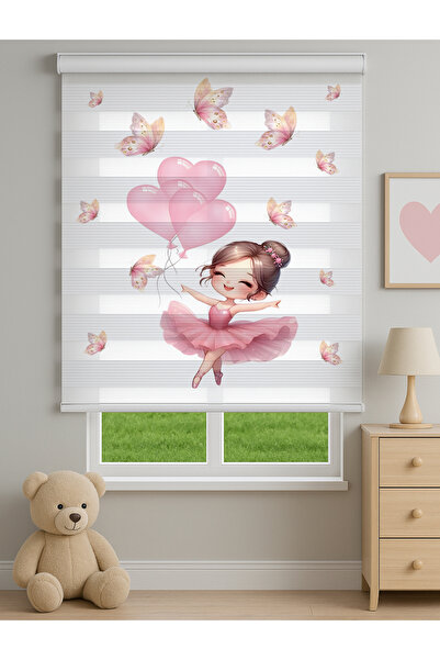 Home Sevimli Pembe Balerin Kalp Balonlu Çocuk Odası Dijital Baskılı Zebra Sto...