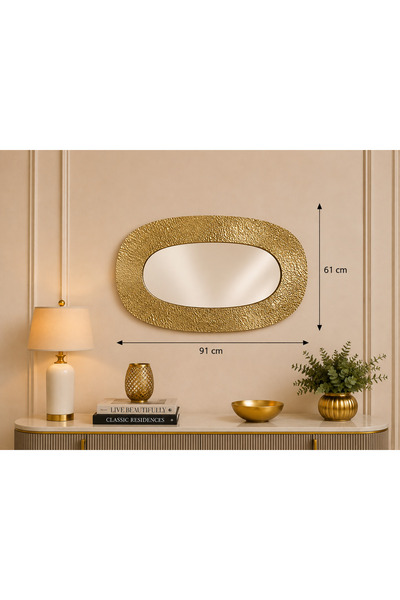 Hinora Home Dekoratif Metal Duvar Aynası Gold Oval Modern Salon Koridor Antre...