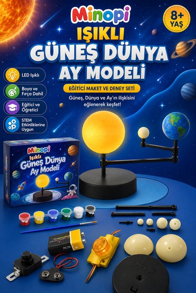 Minopi Işıklı Güneş Dünya Ay Modeli LED Işıklı Eğitici Astronomi ve STEM Dene...