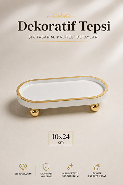 lufen deco Mermer Desenli Dekoratif Tepsi 10x24 cm Gold Detaylı Ayaklı Sunum ...