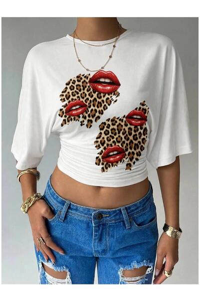 PERISENSE Women's Lycra Bat Sleeve Crop T-Shirt, Fitted at the Waist, Stretch...