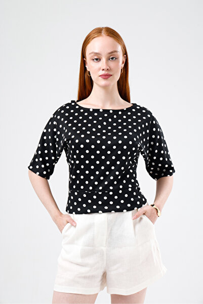 Madame QAN's Polka Dot Waist-Fitted Short Sleeve Premium Blouse