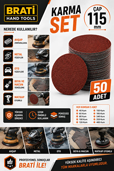 BRATİ HAND TOOLS Cırt Zımpara Kağıdı 115 Mm (Karma Paket) 40-60-80-100-120-15...