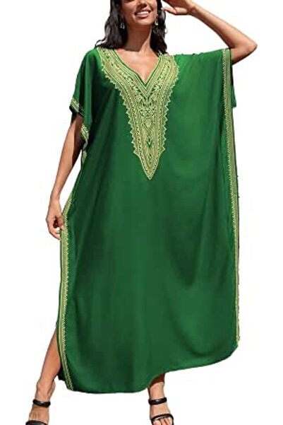 YouKD Summer Cotton Embroidered Floral Loose Caftan Boho Beach Bikini Cover U...