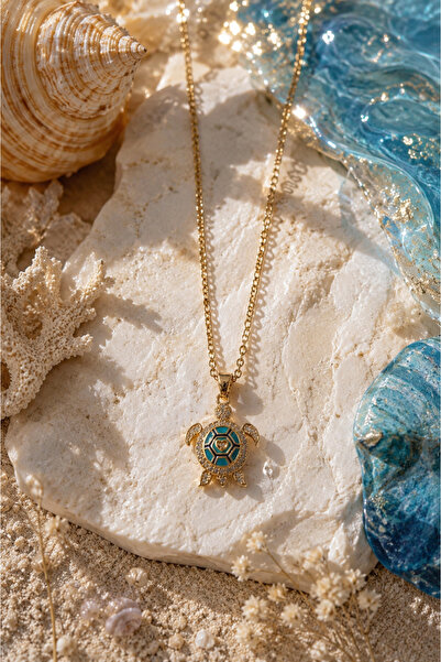 Sylvera Shop Sea Turtle Turquoise Enamel Steel Necklace (Gold Color)