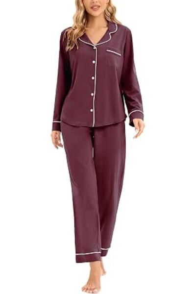 LUBOT 100% Cotton Pajamas for Women PJ Set Button-Down Knitted Soft Long Shor...