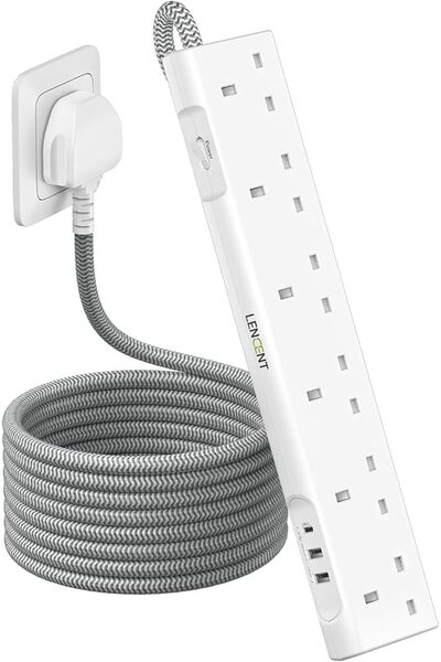 LENCENT Extension Lead with USB C Port, 3250W 13A, 6 Way AC Outlets